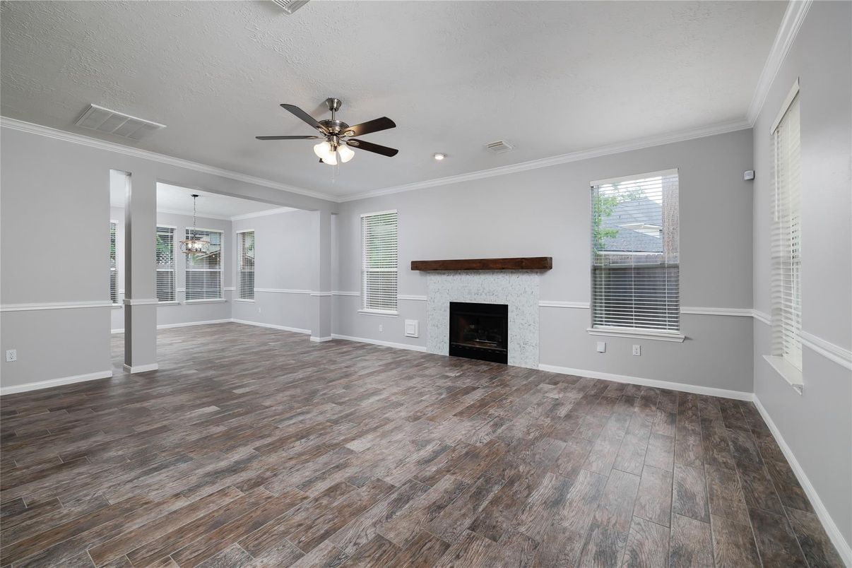 Empty room, Fireplace, Interior, Recessed Lighting, Wood Texture Flooring