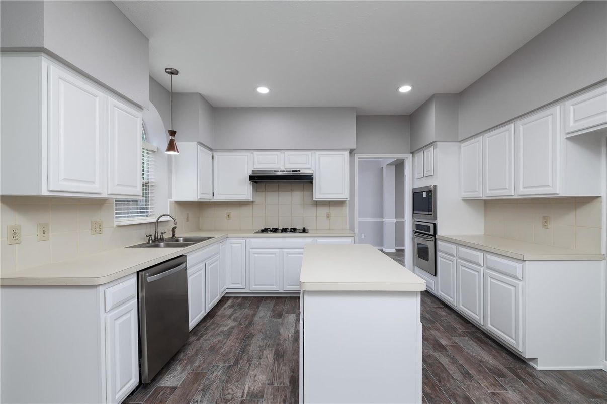 Interior, Kitchen, Pendant Lights, Recessed Lighting, Stainless Steel Appliances, Wood Texture Flooring