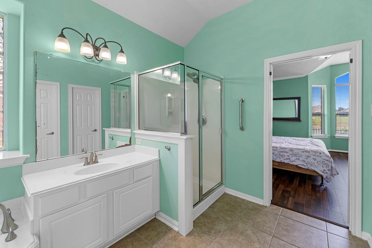 Bathroom, Bedroom, Glass Shower, Interior, Wood Texture Flooring