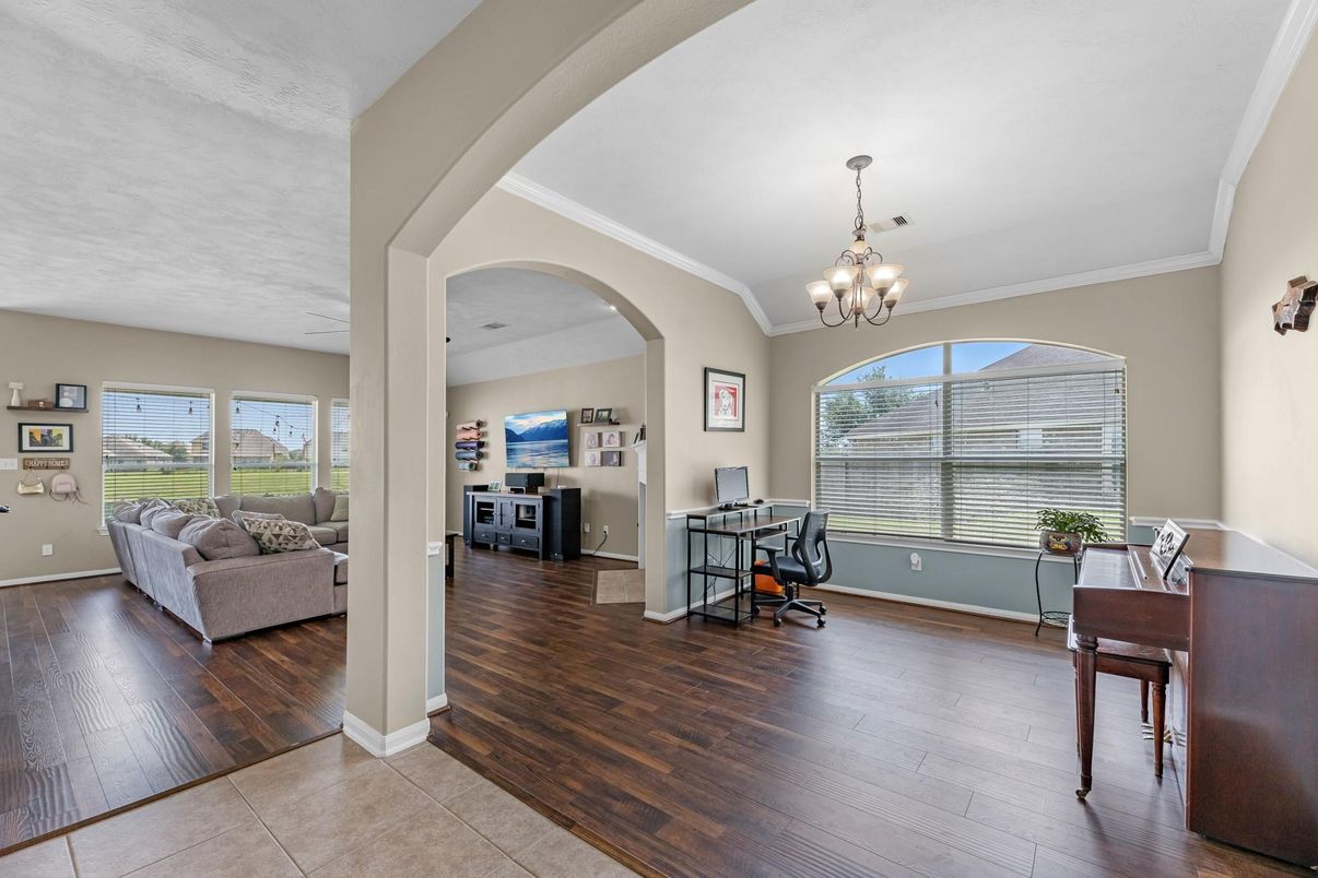 Chandelier, Home Office, Interior, Wood Texture Flooring