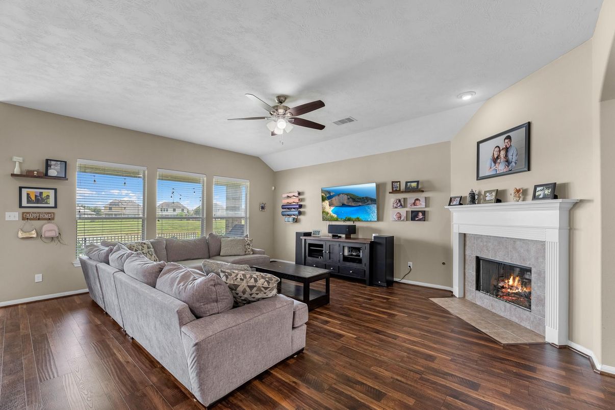 Fireplace, Interior, Living room, Recessed Lighting, Wood Texture Flooring