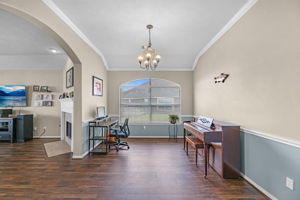 Chandelier, Fireplace, Home Office, Interior, Piano, Recessed Lighting, Wood Texture Flooring