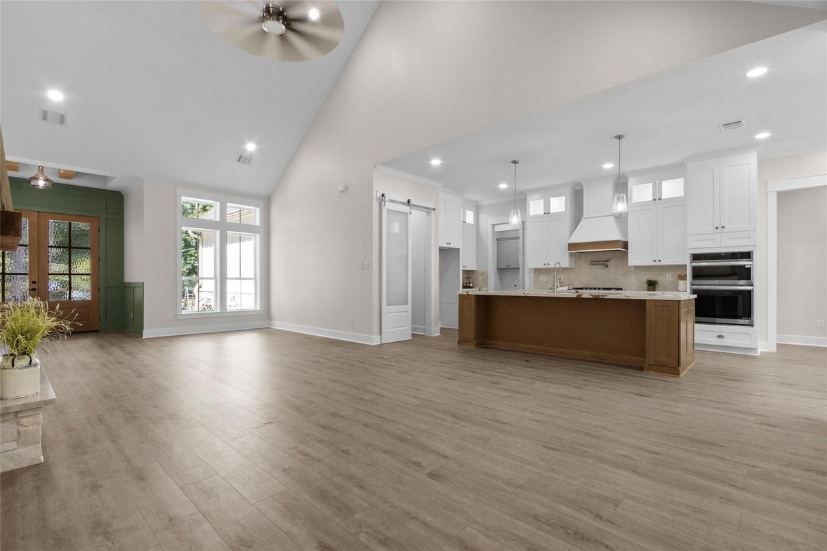 Interior, Kitchen, Pendant Lights, Recessed Lighting, Stainless Steel Appliances, Wood Texture Flooring