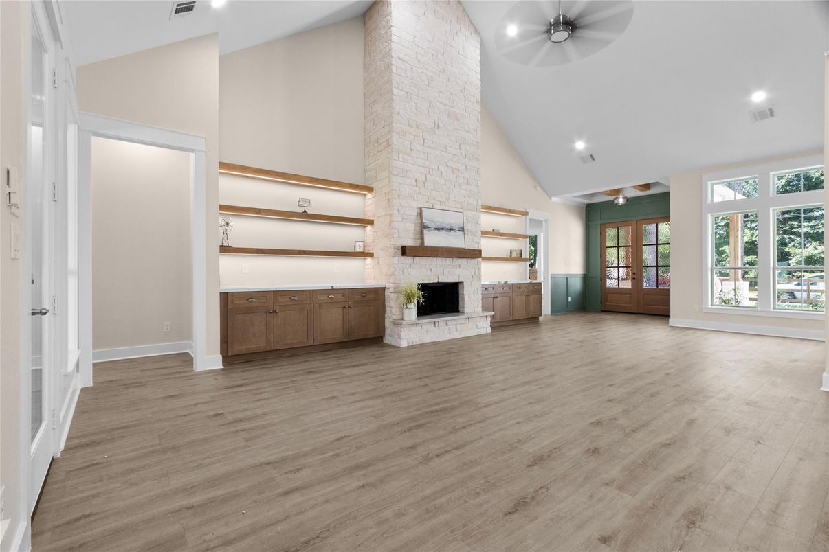 Empty room, Fireplace, Interior, Recessed Lighting, Wood Texture Flooring
