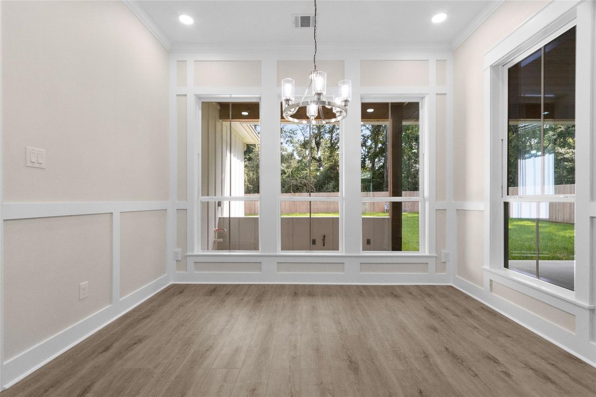 Chandelier, Empty room, Interior, Recessed Lighting, Wood Texture Flooring