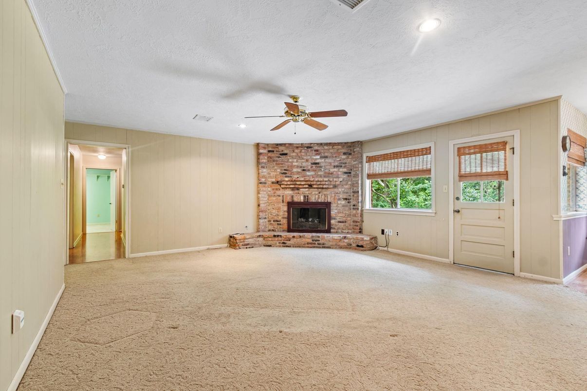 Empty room, Fireplace, Interior, Recessed Lighting, Stone Walls