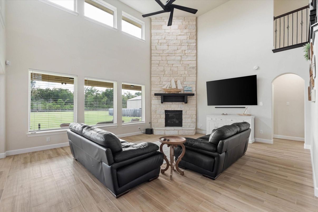Fireplace, Interior, Living room, Stone Walls, Wood Texture Flooring