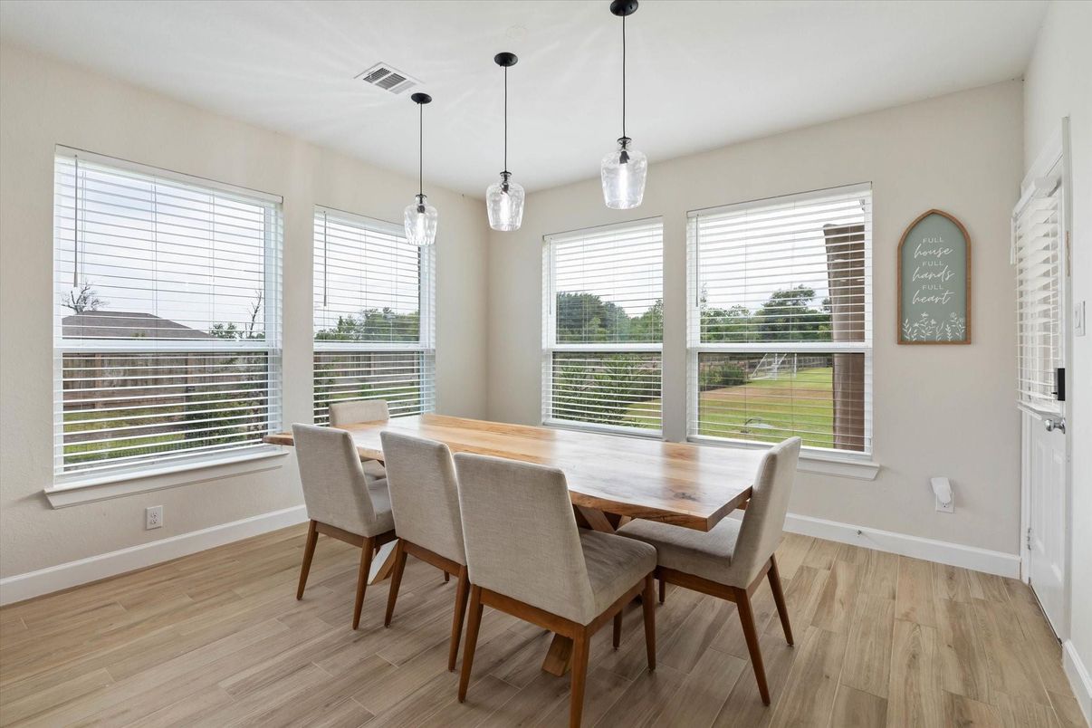 Dining room, Interior, Pendant Lights, Wood Texture Flooring