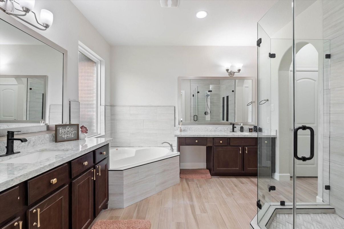 Bathroom, Dual Sink Vanities, Interior, Recessed Lighting, Wood Texture Flooring