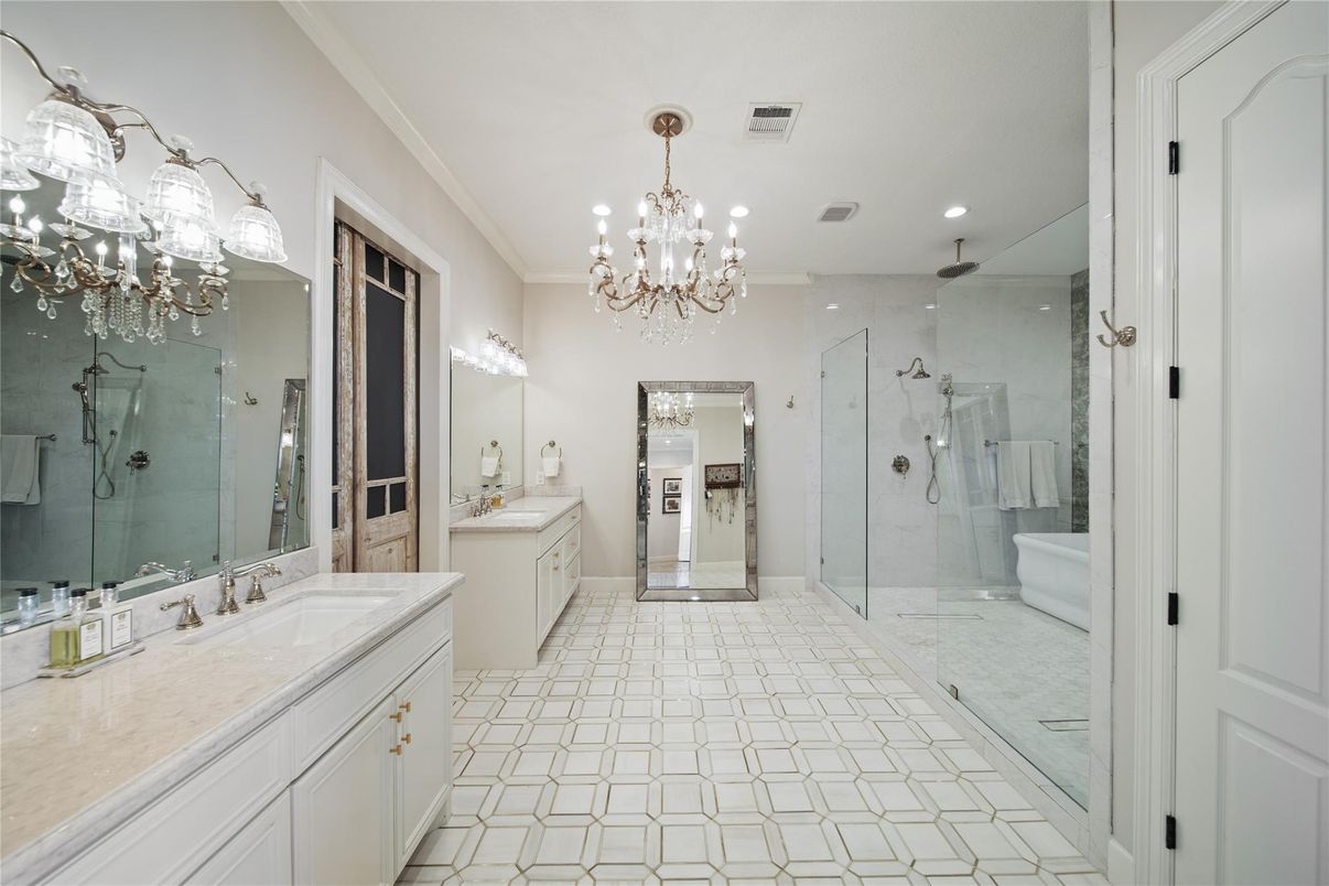 Bathroom, Chandelier, Dual Sink Vanities, Glass Shower, Interior, Recessed Lighting