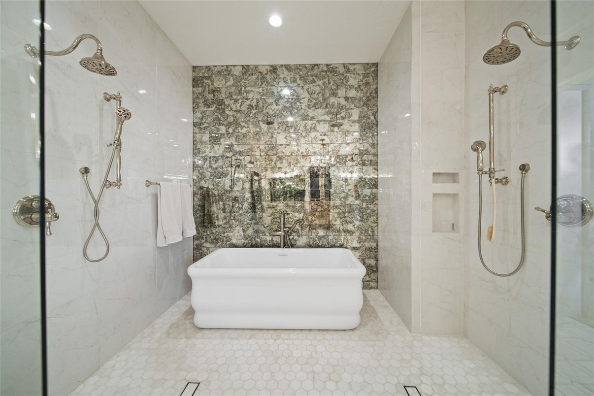 Bathroom, Free Standing Baths, Glass Shower, Interior, Marble Walls, Recessed Lighting
