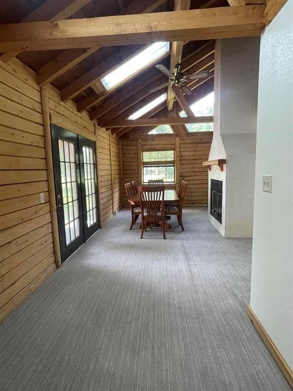 Dining room, Fireplace, Interior, Wooden Beams, Wooden Ceilings, Wooden Walls
