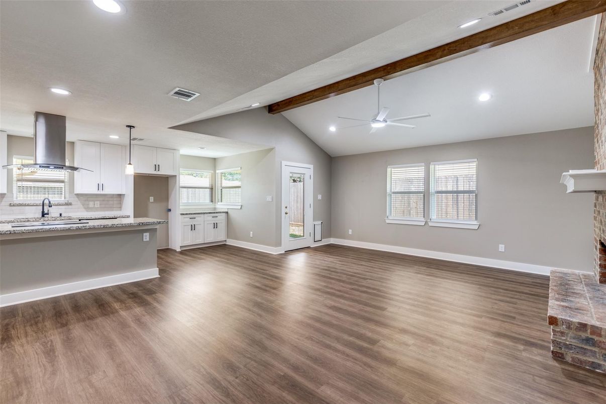 Empty room, Interior, Kitchen, Pendant Lights, Recessed Lighting, Wooden Beams, Wood Texture Flooring