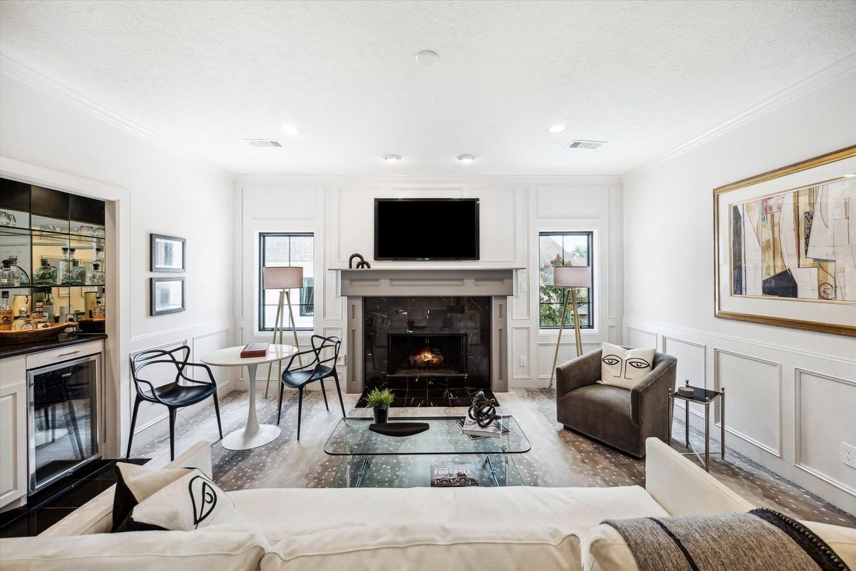 Fireplace, Interior, Living room, Recessed Lighting, Wood Texture Flooring