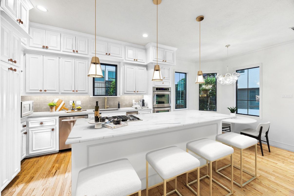 Dining room, Interior, Kitchen, Pendant Lights, Recessed Lighting, Stainless Steel Appliances, Wood Texture Flooring