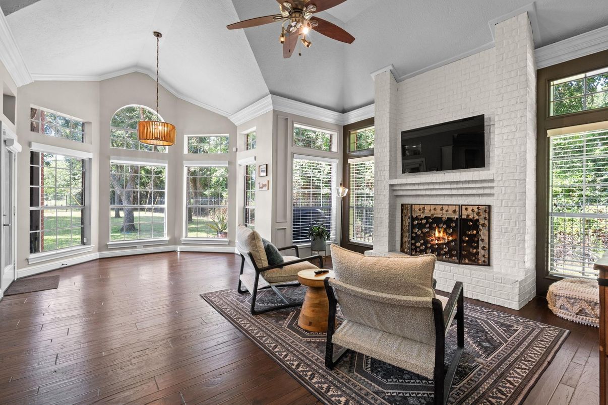 Fireplace, Interior, Pendant Lights, Sun Room, Wood Texture Flooring