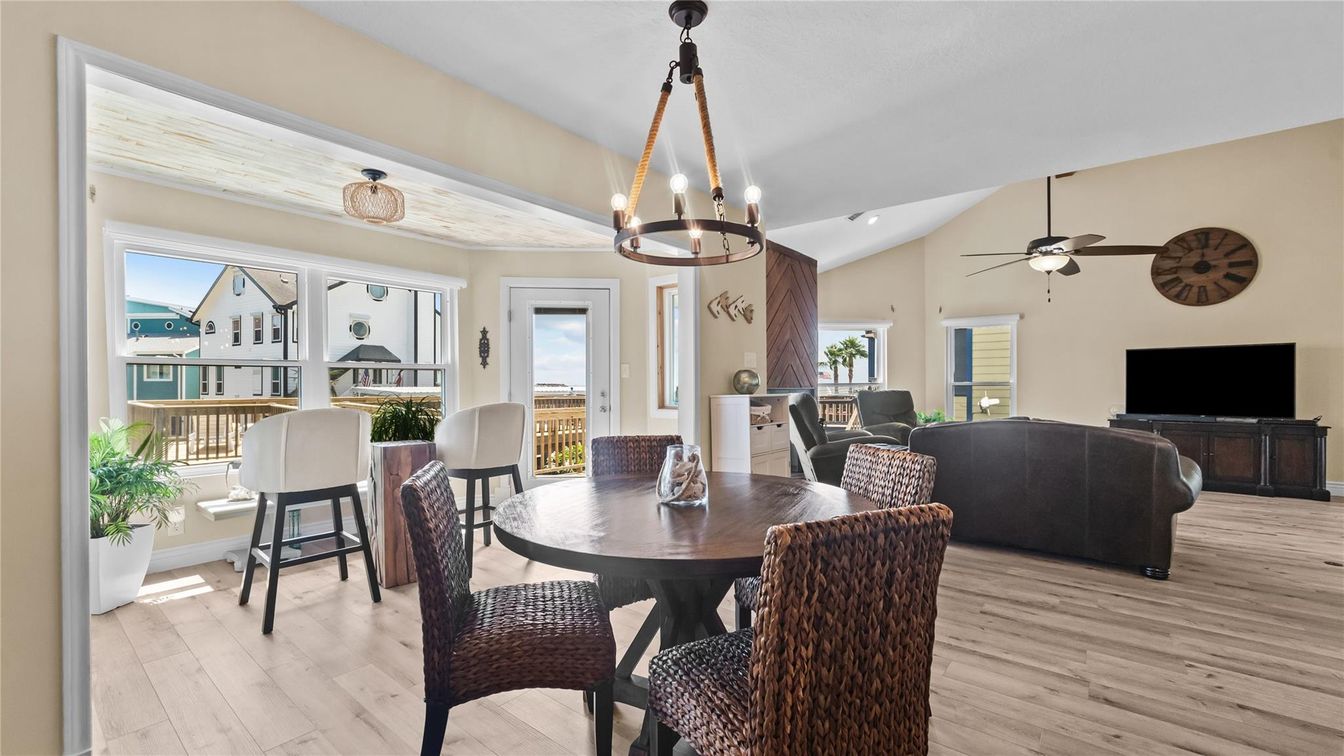 Dining room, Interior, Living room, Pendant Lights, Wood Texture Flooring