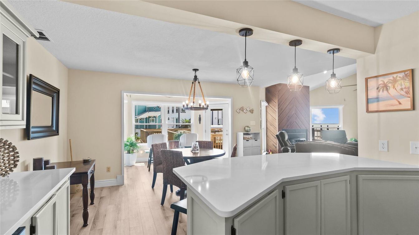 Dining room, Interior, Kitchen, Pendant Lights, Wood Texture Flooring