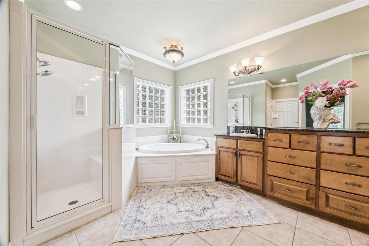 Bathroom, Dual Sink Vanities, Glass Shower, Interior, Recessed Lighting