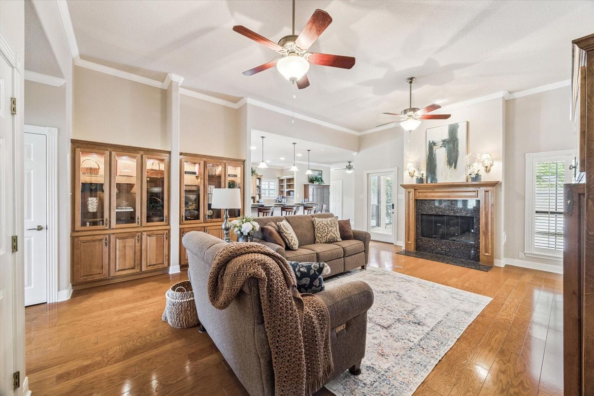 Fireplace, Interior, Living room, Pendant Lights, Wood Texture Flooring