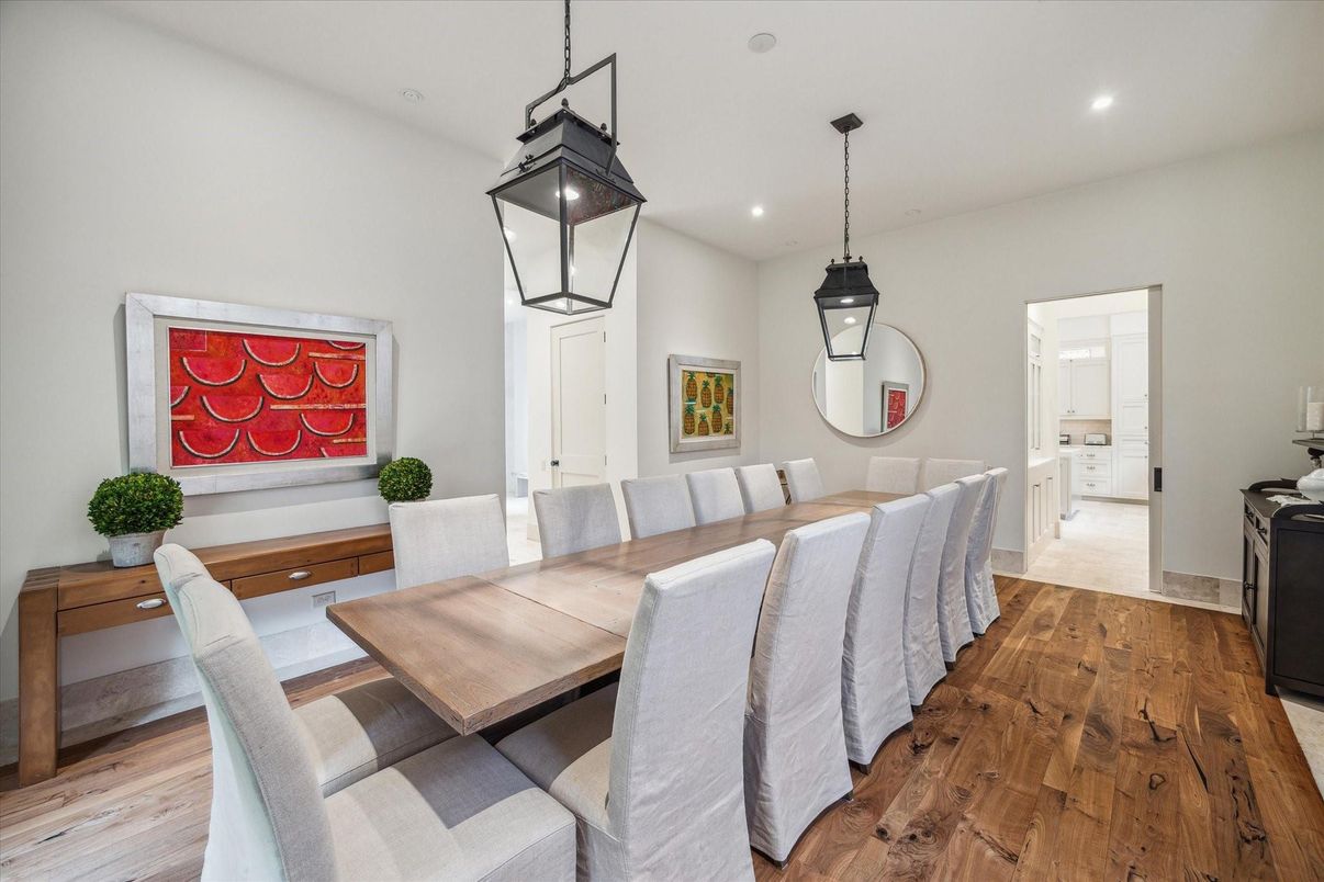 Dining room, Interior, Pendant Lights, Recessed Lighting, Wood Texture Flooring