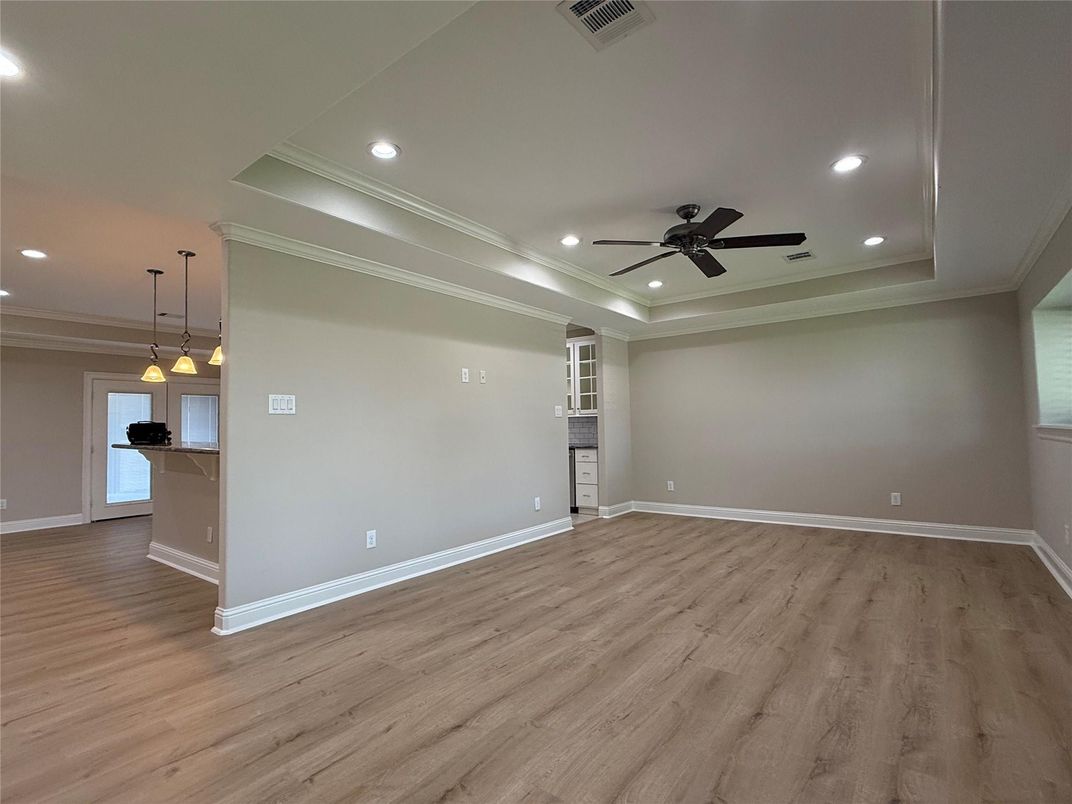 Empty room, Interior, Pendant Lights, Recessed Lighting, Wood Texture Flooring