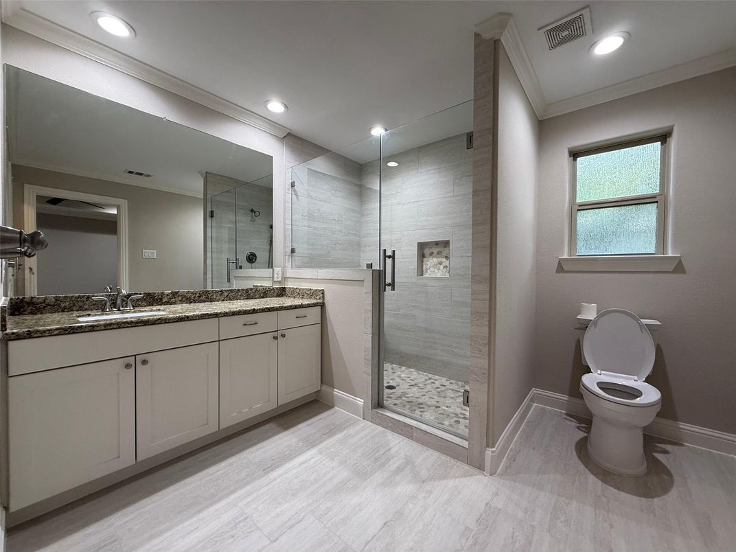 Bathroom, Dual Sink Vanities, Glass Shower, Interior, Recessed Lighting