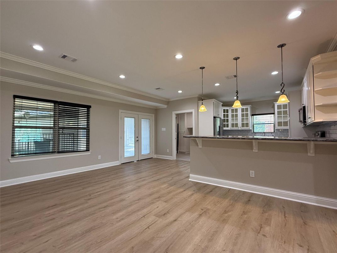 Empty room, Interior, Kitchen, Pendant Lights, Recessed Lighting, Wood Texture Flooring
