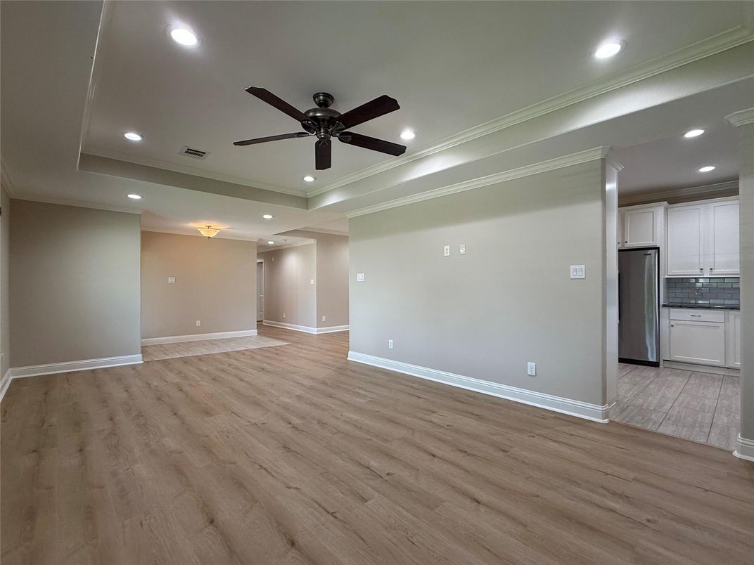 Empty room, Interior, Kitchen, Recessed Lighting, Wood Texture Flooring