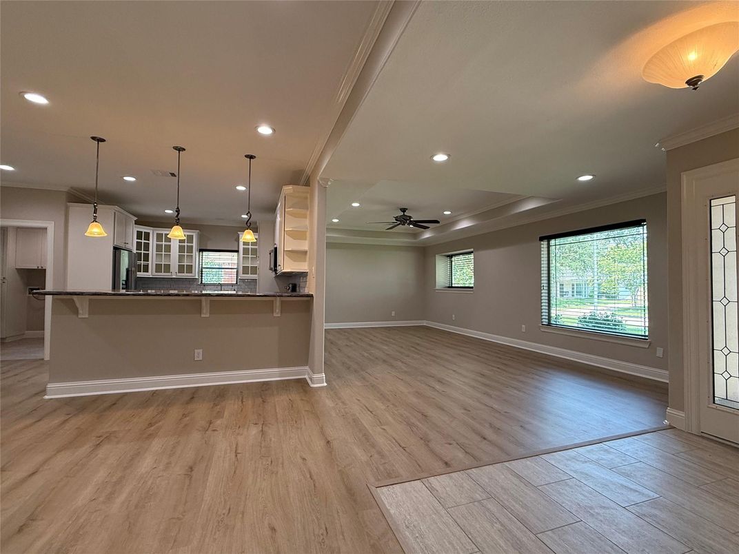 Empty room, Interior, Kitchen, Pendant Lights, Recessed Lighting, Wood Texture Flooring