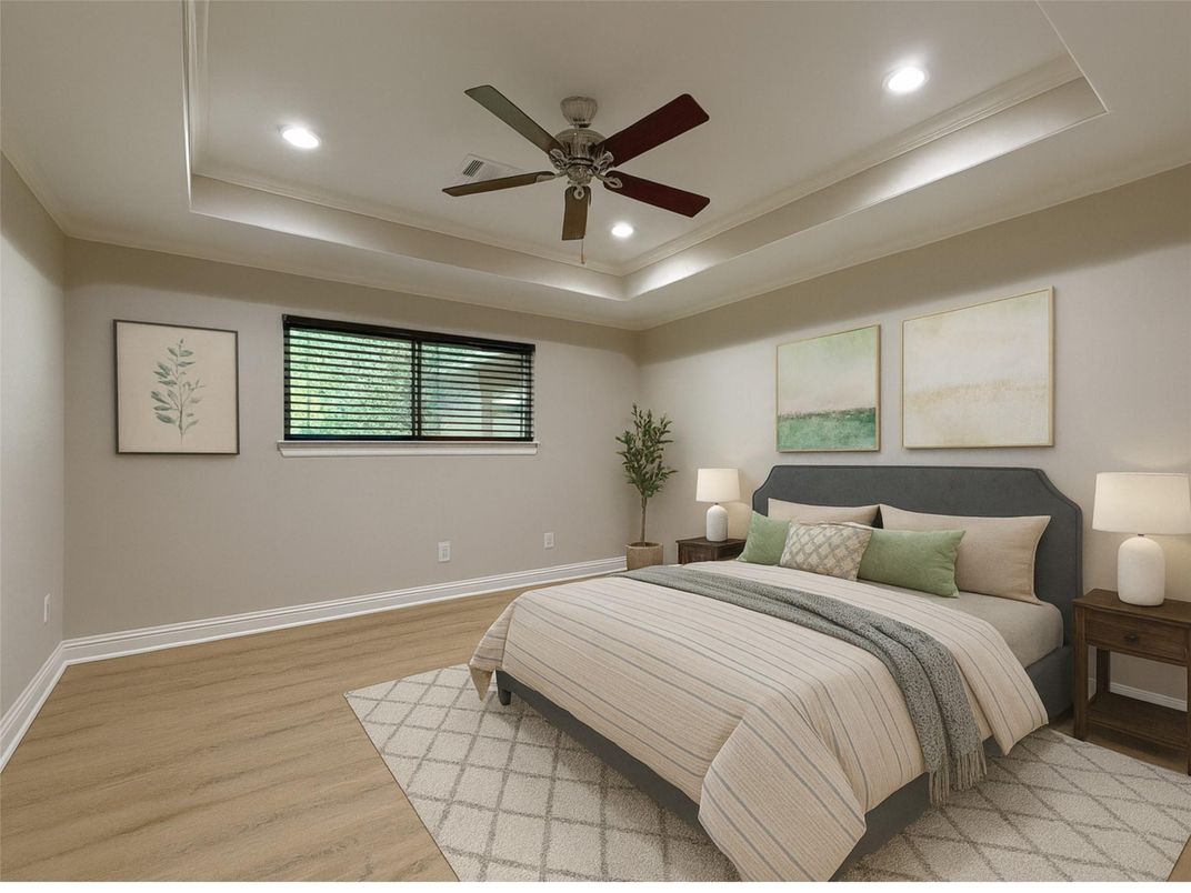 Bedroom, Interior, Recessed Lighting, Wood Texture Flooring