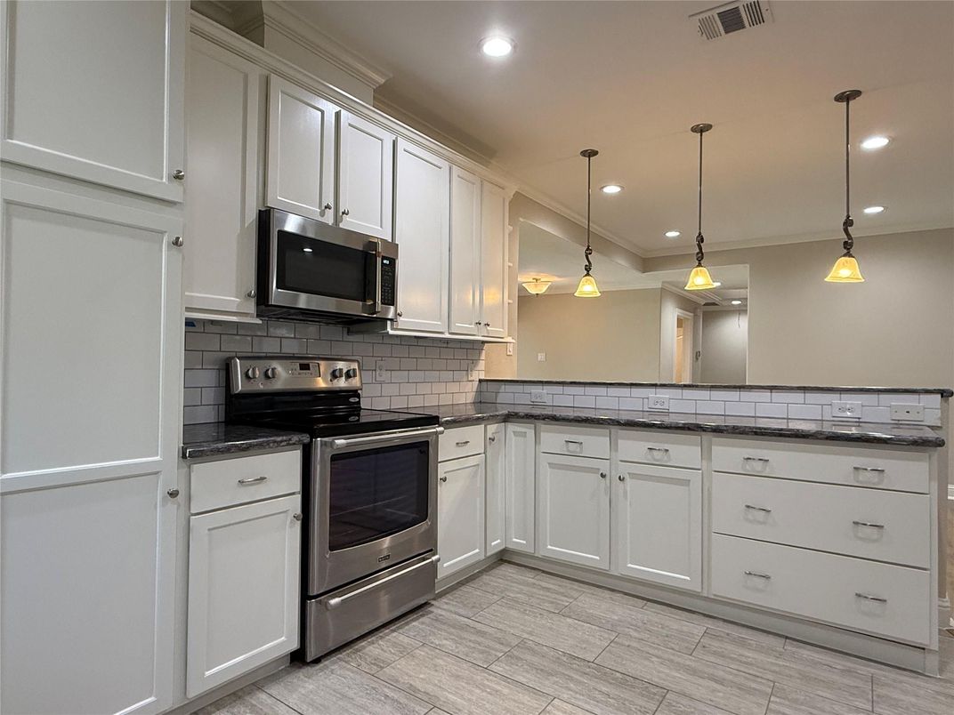 Interior, Kitchen, Pendant Lights, Recessed Lighting, Stainless Steel Appliances, Wood Texture Flooring