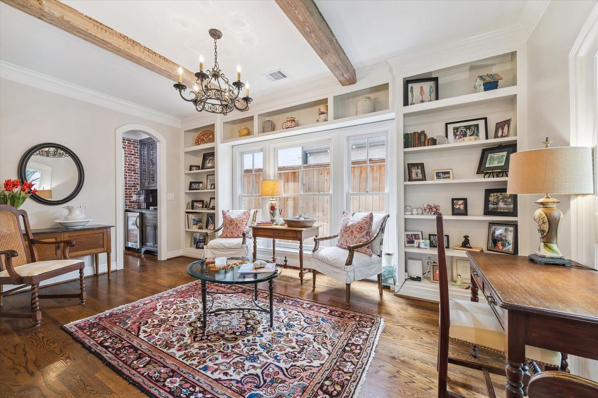 Chandelier, Home Office, Interior, Wooden Beams, Wood Texture Flooring