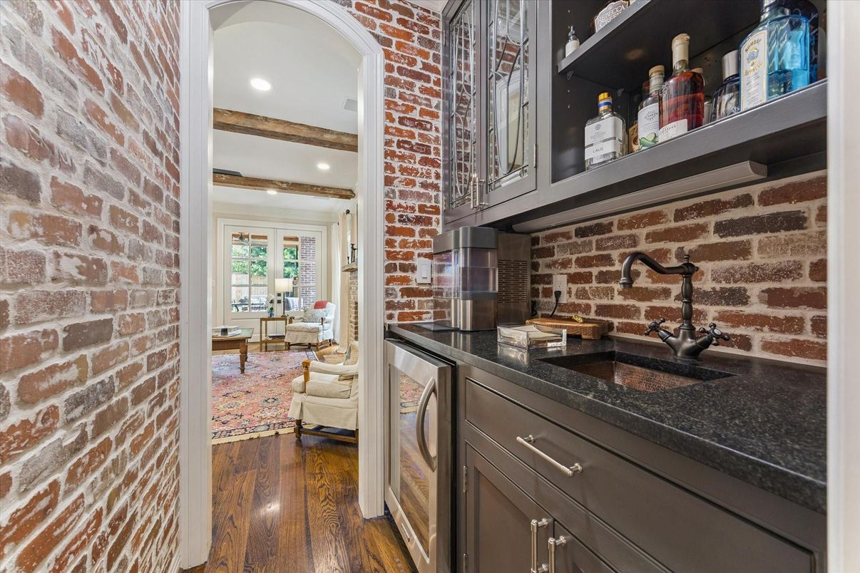 Interior, Kitchen, Living room, Recessed Lighting, Stone Walls, Wooden Beams, Wood Texture Flooring
