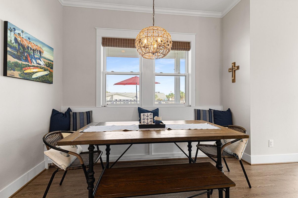 Dining room, Interior, Pendant Lights, Wood Texture Flooring