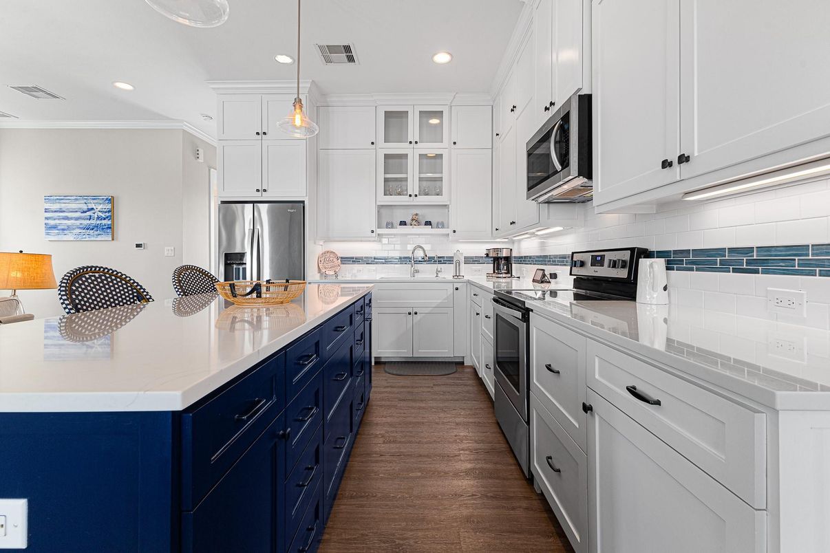 Interior, Kitchen, Pendant Lights, Recessed Lighting, Stainless Steel Appliances, Wood Texture Flooring