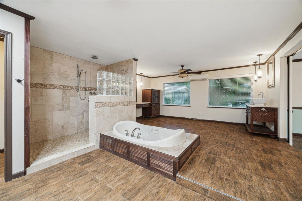 Bathroom, Glass Shower, Interior, Pendant Lights, Stone Walls, Wood Texture Flooring