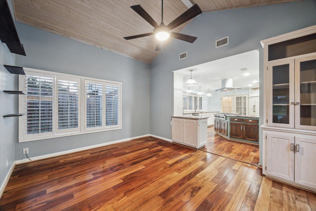Empty room, Interior, Kitchen, Pendant Lights, Recessed Lighting, Wooden Ceilings, Wood Texture Flooring