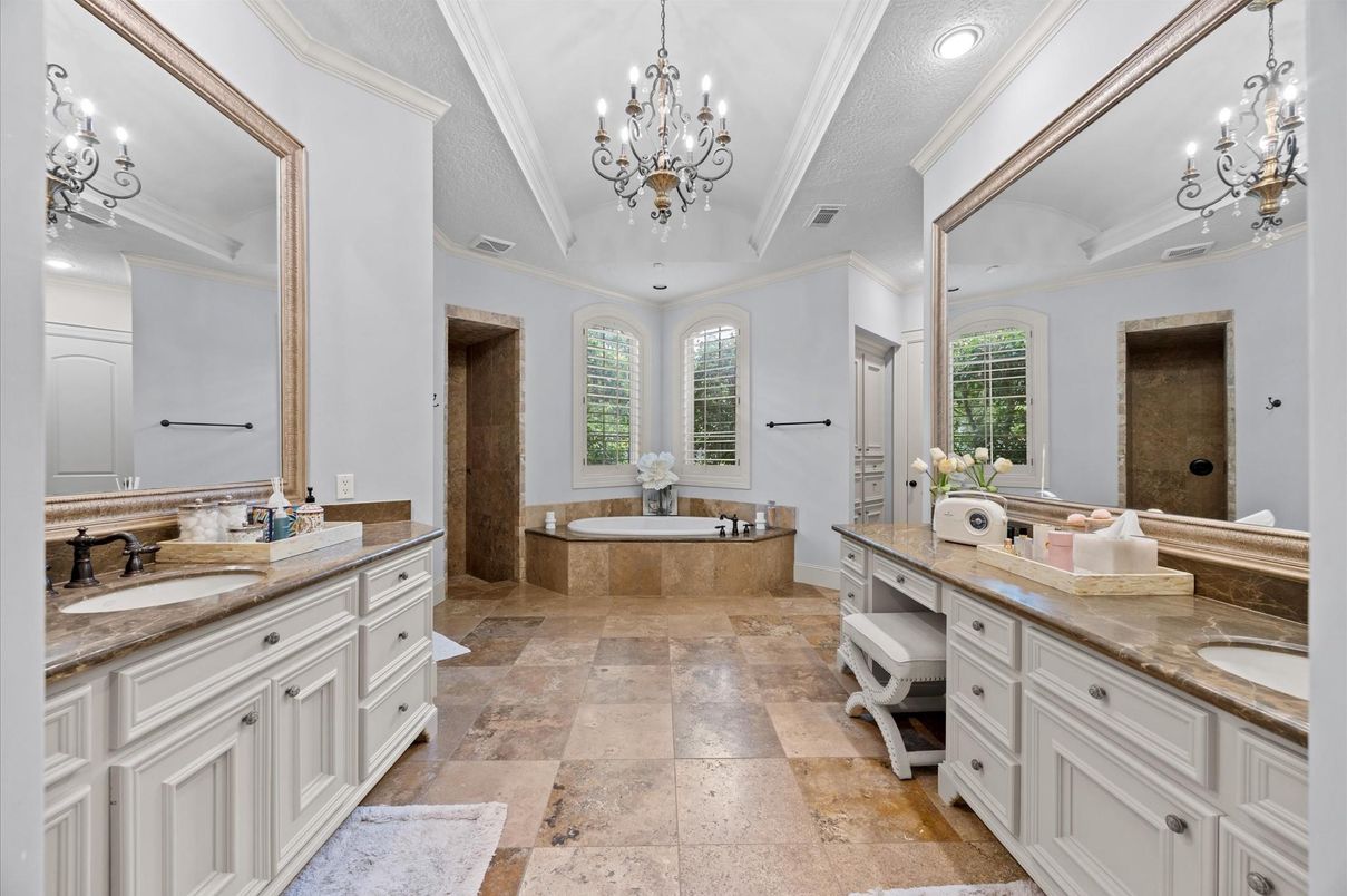 Bathroom, Chandelier, Dual Sink Vanities, Interior, Recessed Lighting
