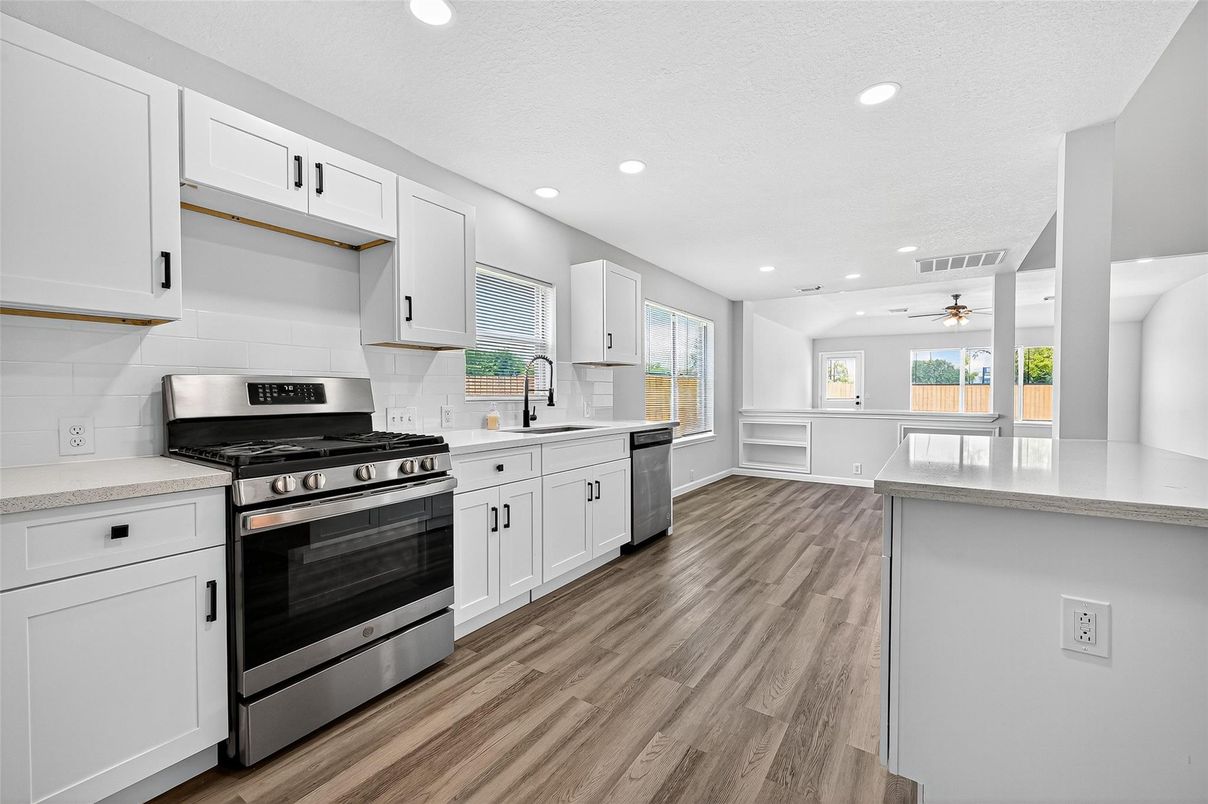 Interior, Kitchen, Recessed Lighting, Stainless Steel Appliances, Wood Texture Flooring