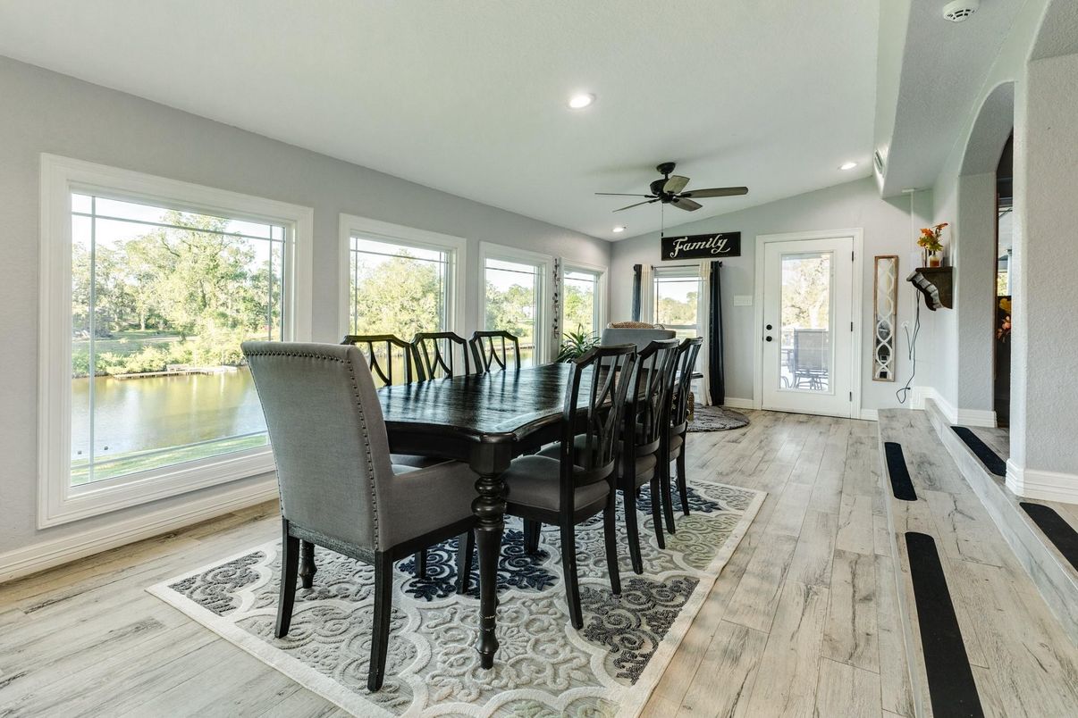 Dining room, Interior, Recessed Lighting, Water, Wood Texture Flooring