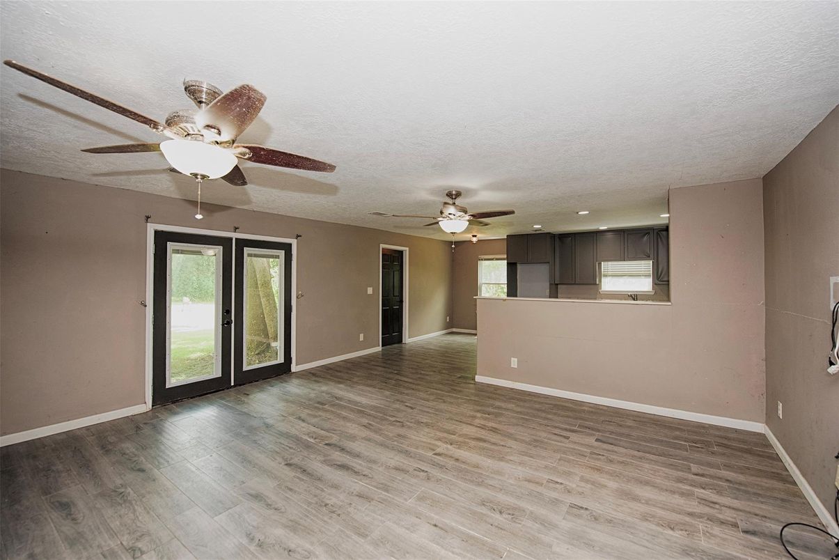 Empty room, Interior, Kitchen, Recessed Lighting, Wood Texture Flooring