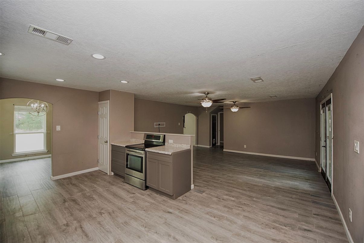 Empty room, Interior, Kitchen, Recessed Lighting, Wood Texture Flooring