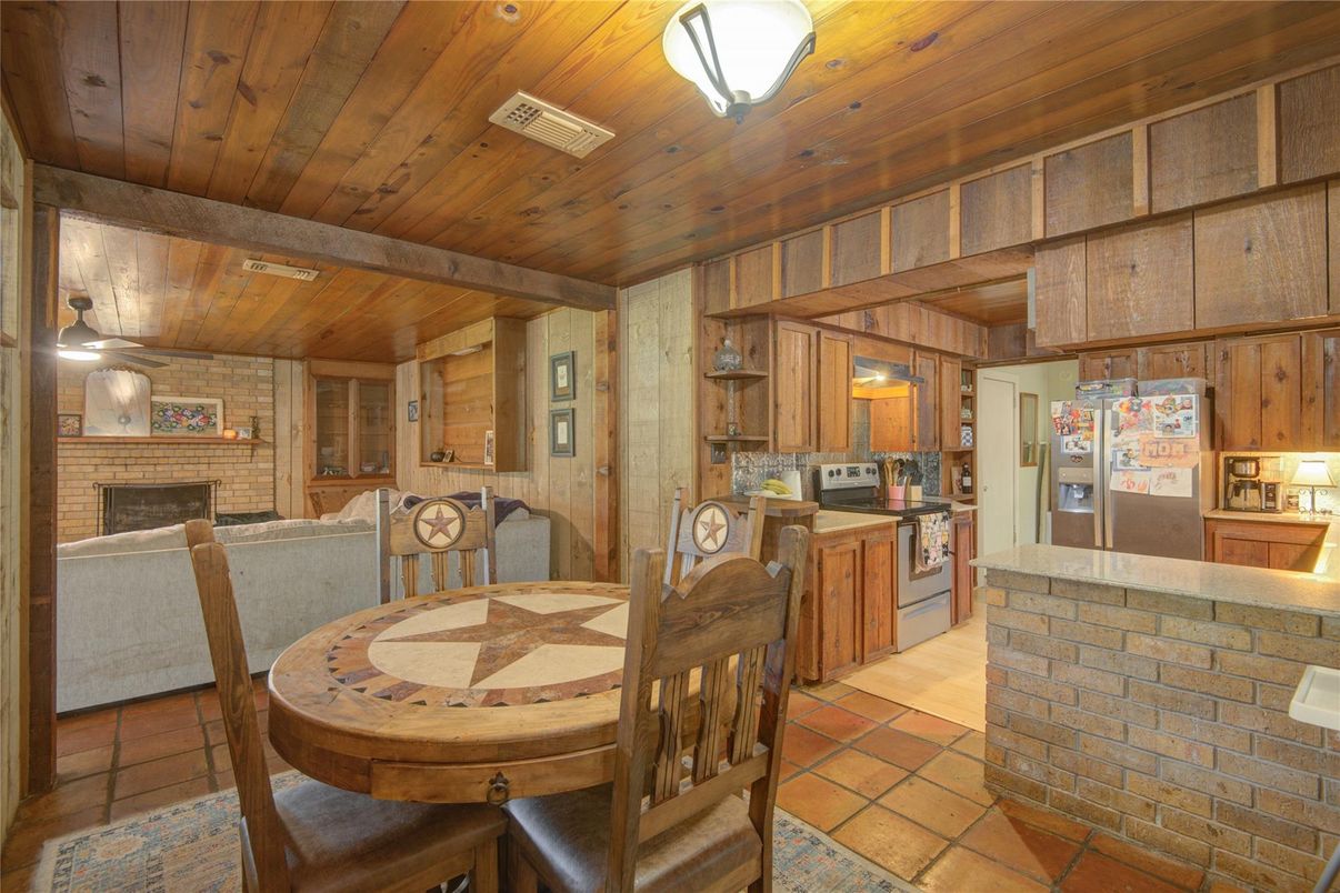 Dining room, Fireplace, Interior, Kitchen, Stone Walls, Wooden Beams, Wooden Ceilings