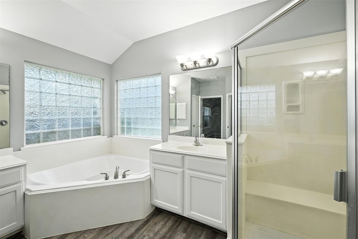 Bathroom, Glass Shower, Interior, Wood Texture Flooring
