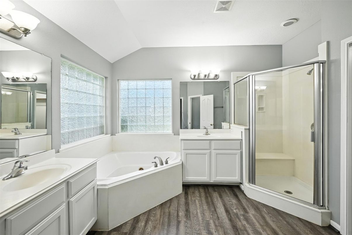 Bathroom, Dual Sink Vanities, Glass Shower, Interior, Wood Texture Flooring