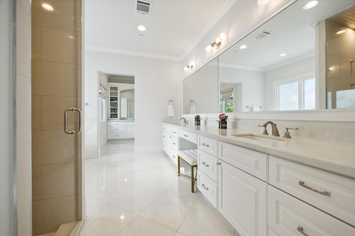 Bathroom, Dual Sink Vanities, Glass Shower, Interior, Recessed Lighting