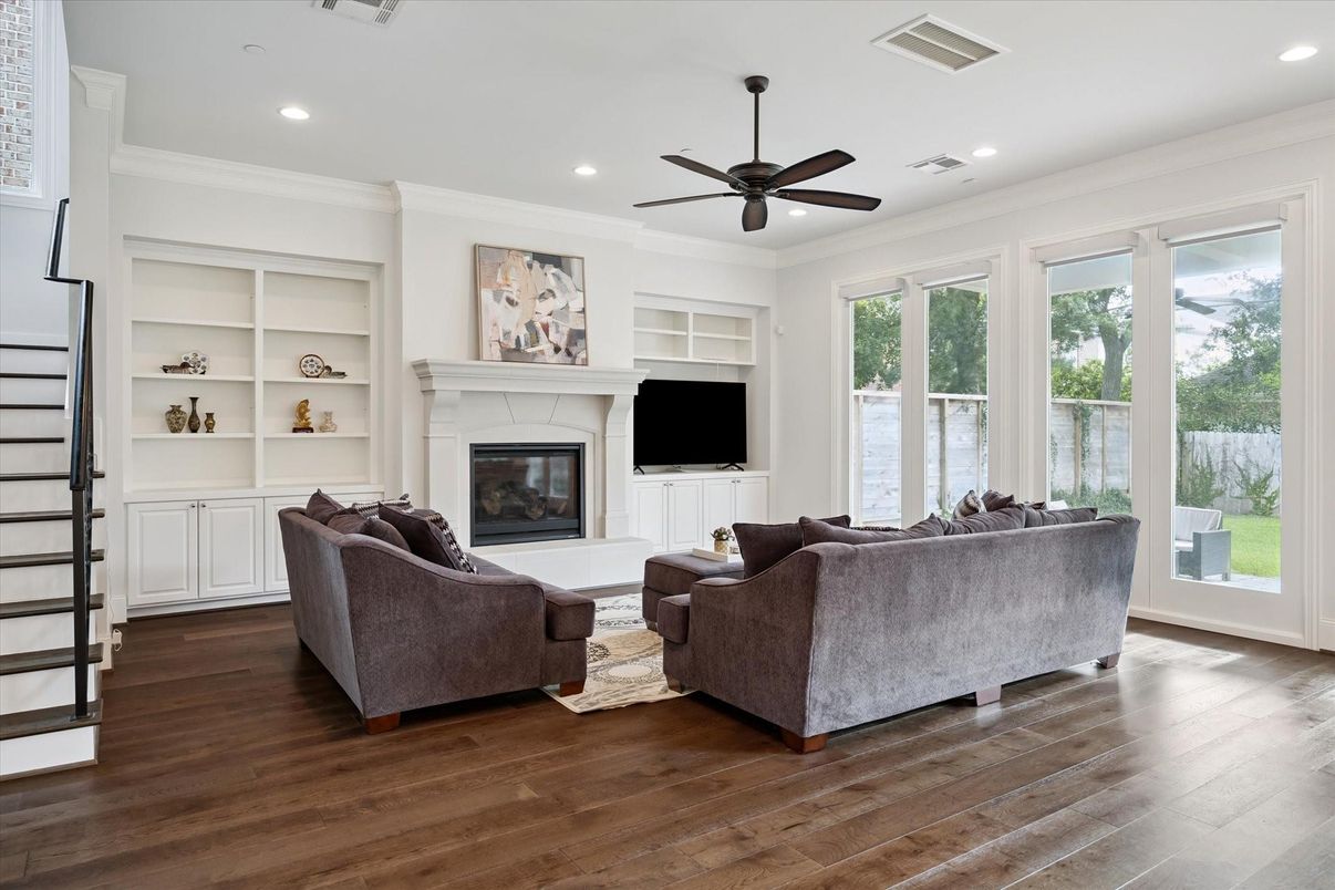 Fireplace, Interior, Living room, Recessed Lighting, Wood Texture Flooring