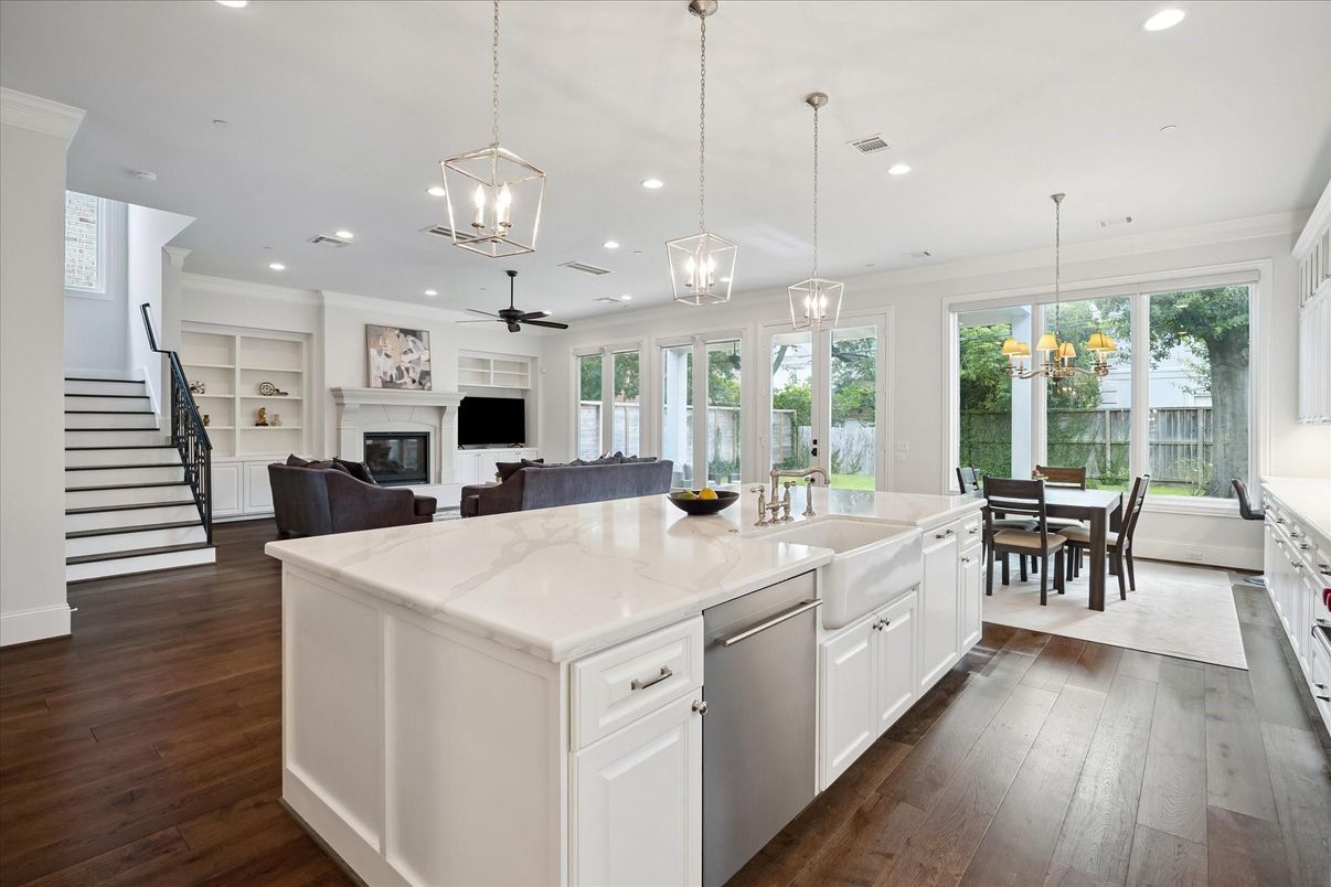 Dining room, Fireplace, Interior, Kitchen, Living room, Pendant Lights, Recessed Lighting, Wood Texture Flooring