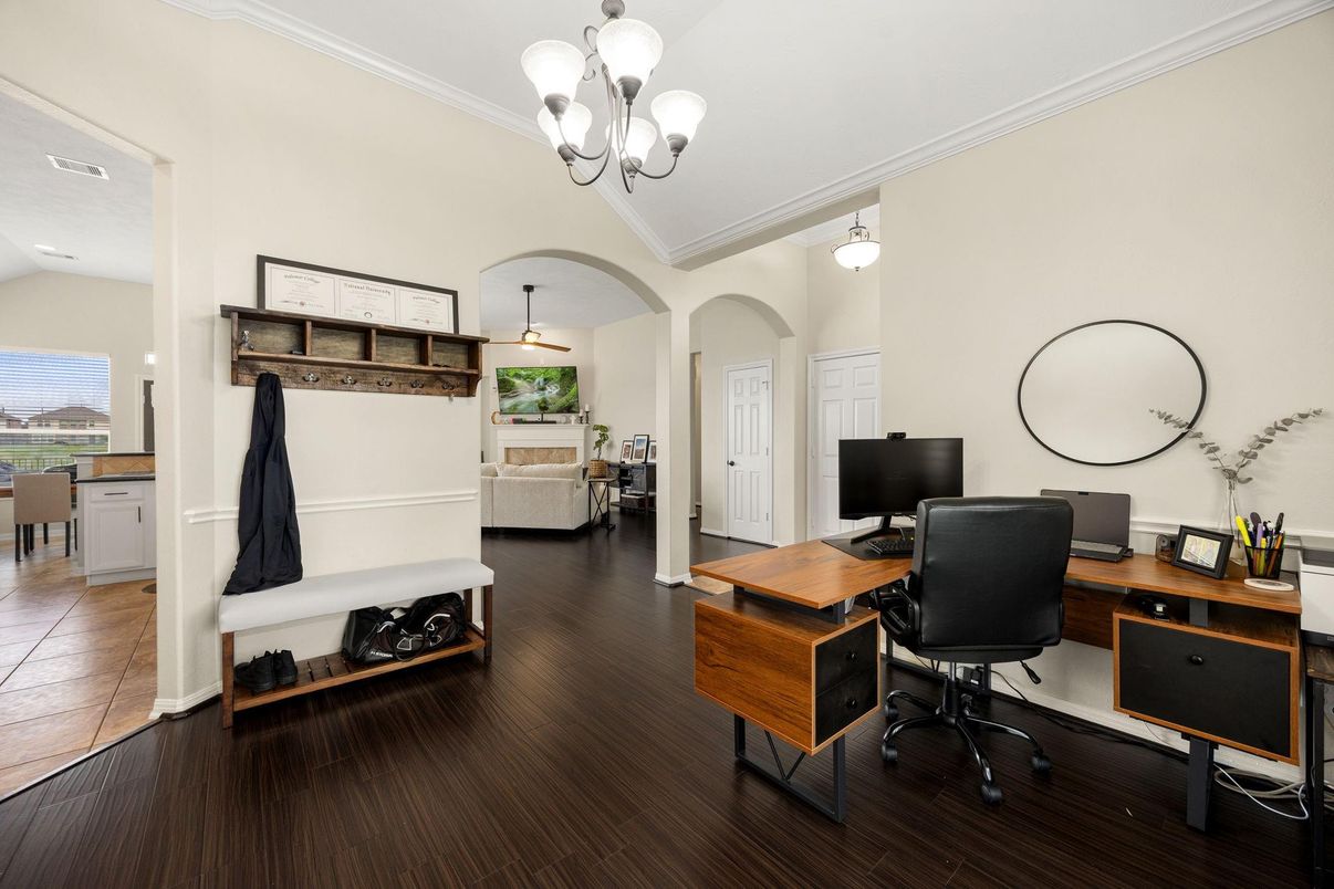 Chandelier, Home Office, Interior, Pendant Lights, Wood Texture Flooring
